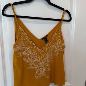 Double V Cropped Blouse Mustard Yellow Floral Embroidered Top